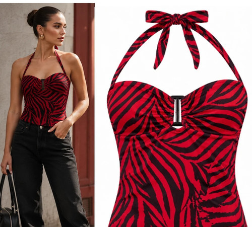 Red zebra print mesh halter - print,